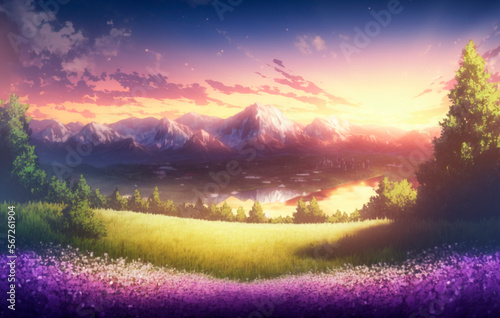Pretty mountain sunset in anime style generative AI