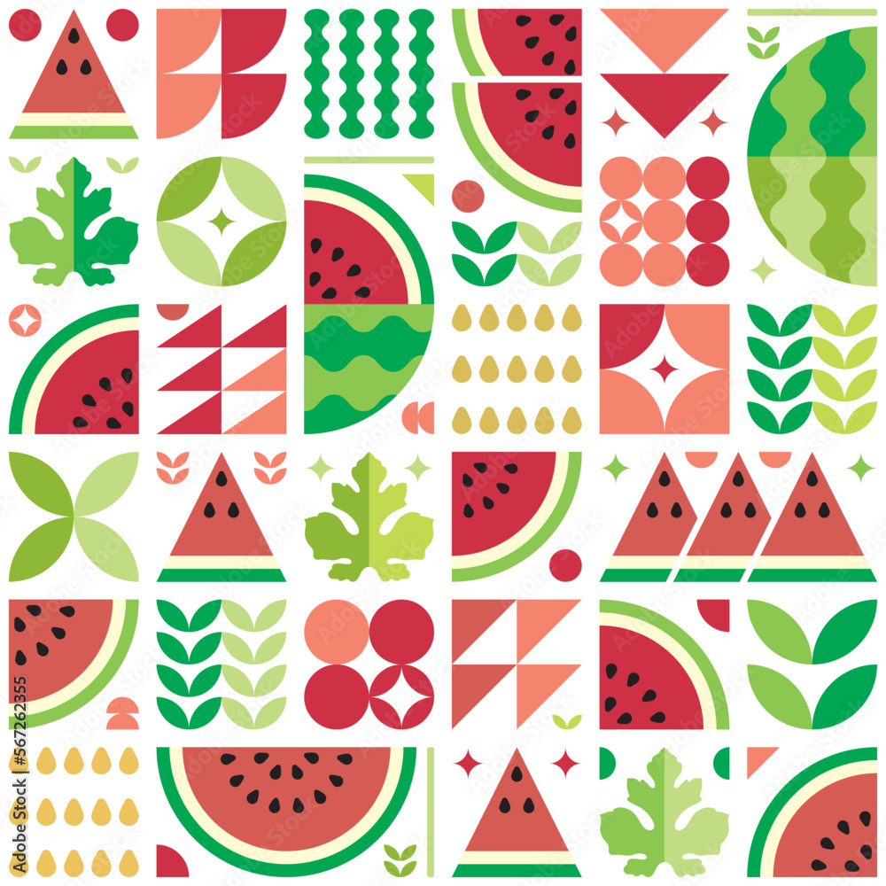 Red watermelon pattern artwork with geometric shape elements. Colorful summer poster design. Scandinavian style abstract vector. Illustration of watermelon slices, seeds, rind, leaves, and flowers.