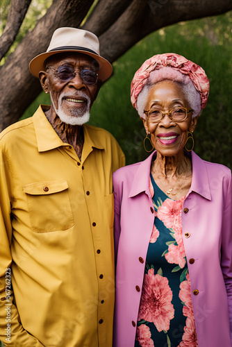 Photo of a retired Afro-American couple happy in love. Looking at the camera, standing in a park. Generative AI illustration.