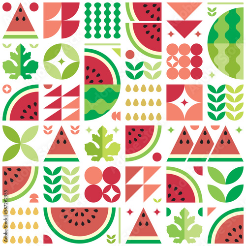 Red watermelon pattern artwork with geometric shape elements. Colorful summer poster design. Scandinavian style abstract vector. Illustration of watermelon slices, seeds, rind, leaves, and flowers.