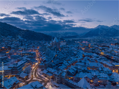 Castle of Thun, Switzerland in winter dawn, twilight photo