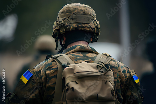 A back view of a Ukrainian Soldier with Flag Patches. Ukrainian. Soldier. Flag. Patches. Military. Defense. Loyalty. Patriotism. Courage. Strength. Bravery. Duty. Honor. Protection. National. Unity © AndriiKoval