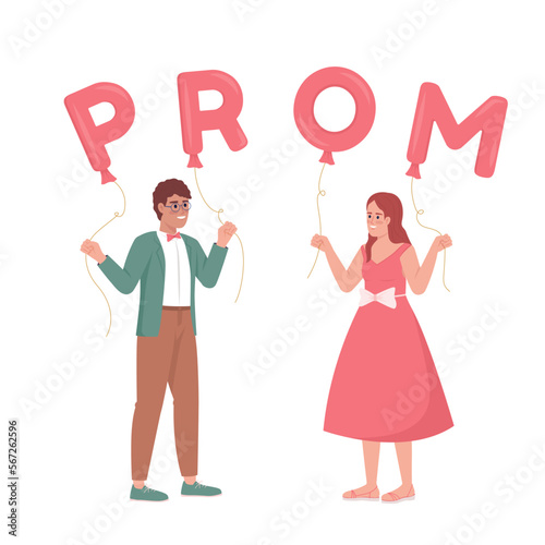 Boy asking girl to prom with balloons semi flat color vector characters. Editable figures. Full body people on white. Simple cartoon style illustration for web graphic design and animation