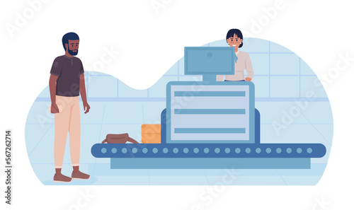 Luggage scanning 2D vector isolated illustration. Airline baggage handler and passenger in airport flat characters on cartoon background. Colorful editable scene for mobile, website, presentation