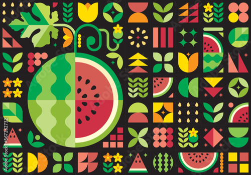 Red watermelon pattern artwork with geometric shape elements. Colorful illustration of watermelon slices, seeds, rind, leaves, and flowers. Scandinavian abstract vector design on black background.