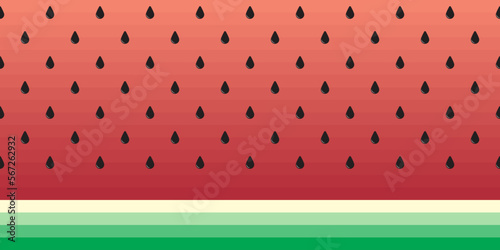 Illustration of red watermelon slices. Watermelon cut with seeds and rind. Background with gradations of red, white, green. Simple flat vector for advertising of fruit, food or drink products.