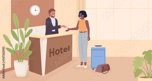 Hotel arrival flat color vector illustration. Booking room in hostel. Receptionist greeting new guest. Fully editable 2D simple cartoon characters with waiting room interior on background