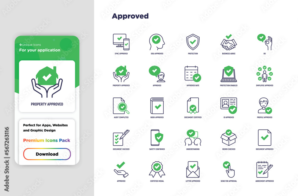 Approved thin line icons set: sync, idea, agreement, calendar date, employee, audit completed, document certified, profile, checklist, understanding. Modern vector illustration. Approved thin line icons set: sync, idea, agreement, calendar date, employee, audit completed, document certified, profile, checklist, understanding. Modern vector illustration.