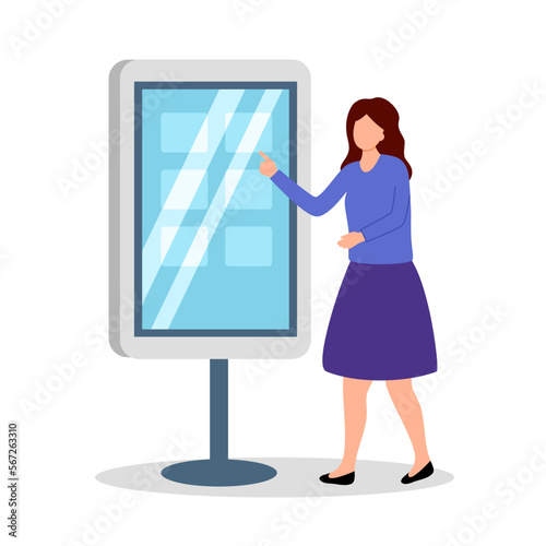 Woman using self service kiosk vending machine in flat design on white background.