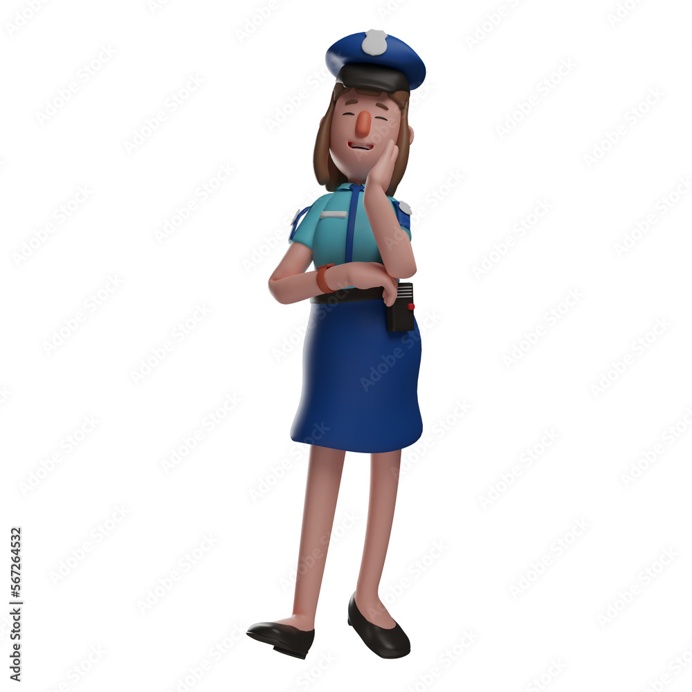 3D illustration. Happy face 3D Cartoon Police Woman showing cute face. with hand on chin pose. showing beautiful facial expressions. 3D Cartoon Character 3D illustration. Happy face 3D Cartoon Police Woman showing cute face. with hand on chin pose. showing beautiful facial expressions. 3D Cartoon Character