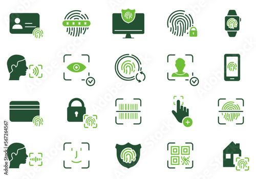 Fingerprint, Facial Identity in Mobile Phone, Computer Silhouette Icon Set. Touch ID, Face ID Pictogram. Biometric Identification Symbol. Security Password Color Sign. Isolated Vector Illustration