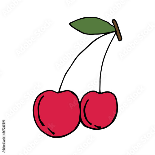 Two cherries drawn in doodle style on an isolated white background.