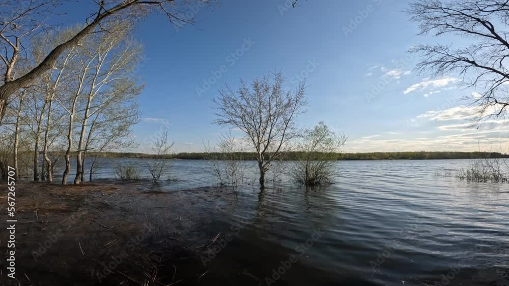 High water on a river or lake during the spring flood. Camera panning High water on a river or lake during the spring flood. Camera panning