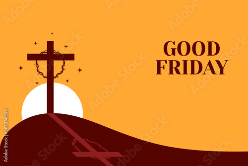 Cross and Crown of thorns on the mountain with sunset. Good friday background banner. Christian concept design. vector art illustration