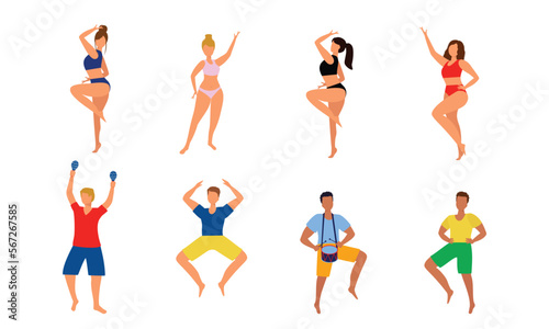 Set of dancing people. People in dancing poses. Women in bikini, men in t-shirt and shorts. Vector illustration