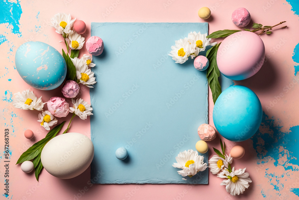 Stylish easter eggs and spring flowers, dyed chocolate candy and pebbles on pink and blue paper, flat lay, space for text. Happy Easter. Greeting card template, spring mood, generative ai