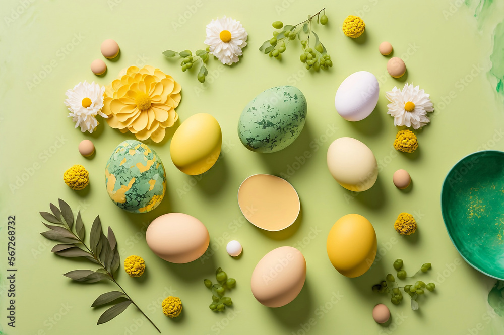 Easter composition, Painted Chocolate eggs, tulip flowers flat lay on yellow green board background, spring mood, Greeting card, banner, easter background, generative ai