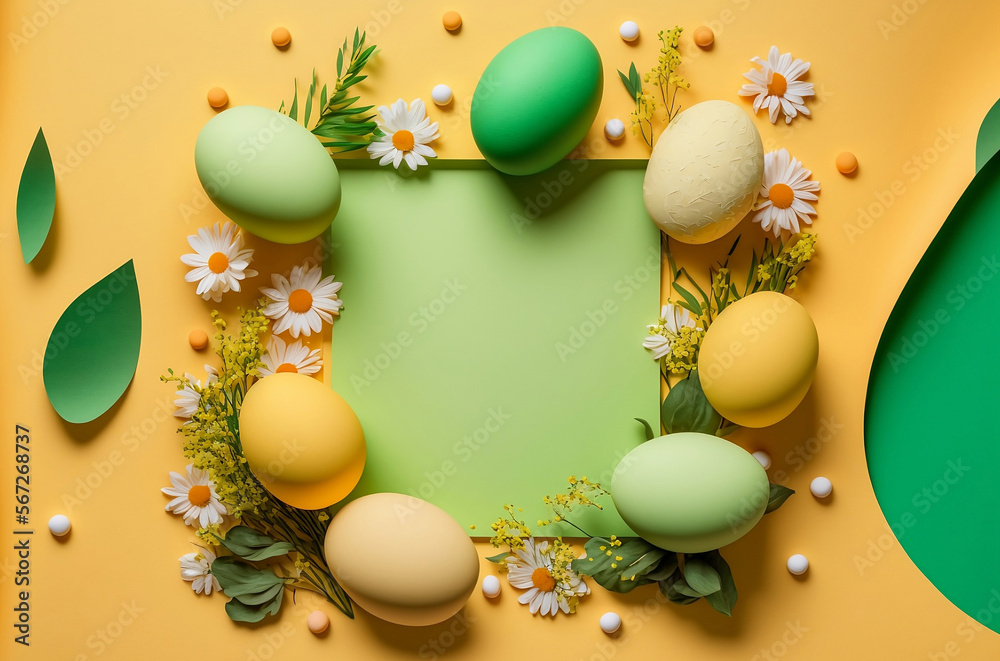 Stylish easter eggs and spring flowers, dyed chocolate candy and pebbles on yellow green paper, flat lay, space for text. Happy Easter. Greeting card template, spring mood, generative ai