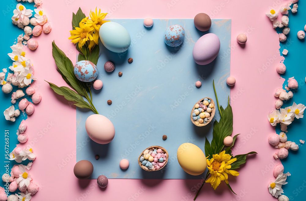 Stylish easter eggs and spring flowers, dyed chocolate candy on blue and pink paper, flat lay, space for text. Happy Easter. Greeting card template, spring mood, generative ai