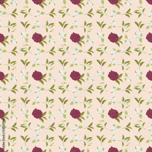 Wallpaper Mural Floral pattern with red rose and flowers and branches of oranges on a light peach background, digital freehand drawing. Torontodigital.ca
