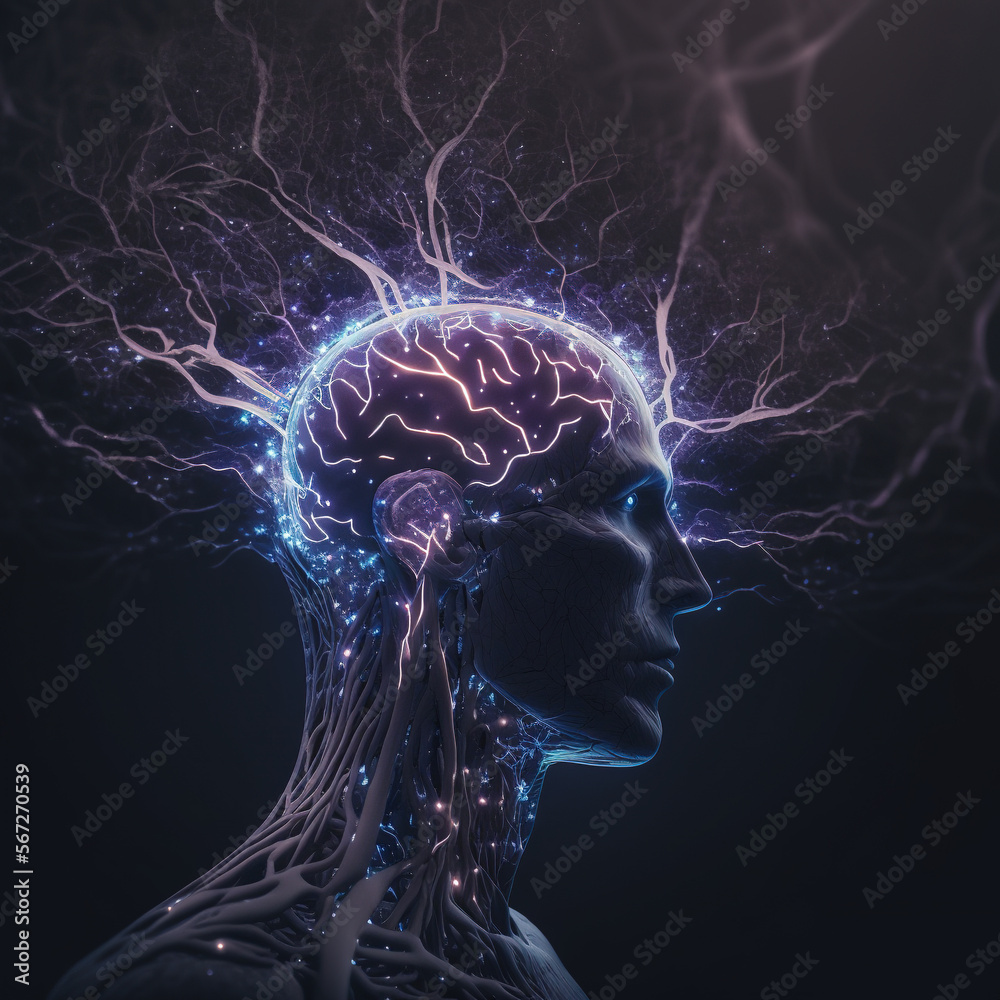 a human head with a glowing brain and a glowing brain map in the middle ...