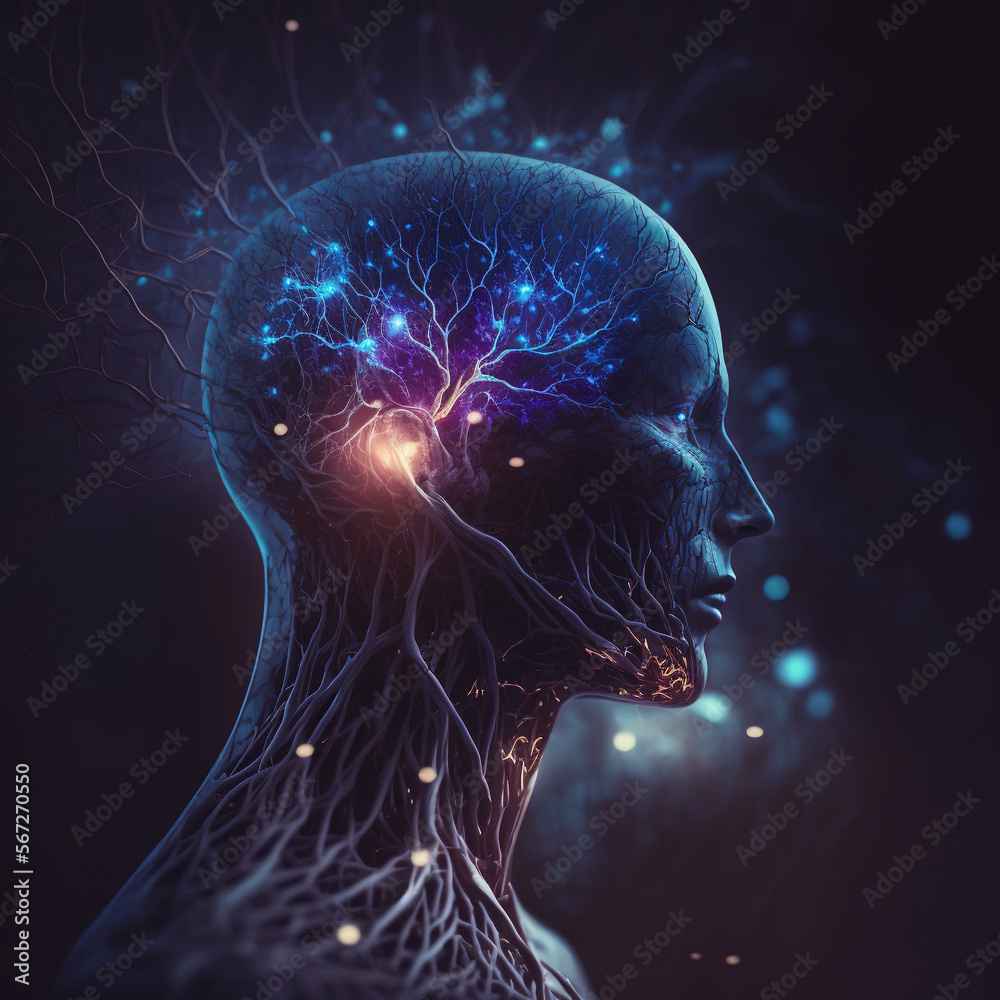 a human head with a glowing brain and a glowing brain map in the middle of it's head, with a black background and a blue hued out area. generative ai - obrazy, fototapety, plakaty 