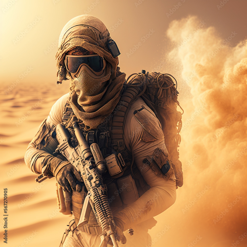 alone soldier in the desert, during a sandstorm, generative AI - obrazy, fototapety, plakaty 