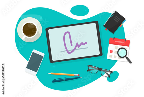 Digital signature electronic service office table desk above top view vector, web autograph contract deal or success internet partnership signing app online on tablet computer device technology image