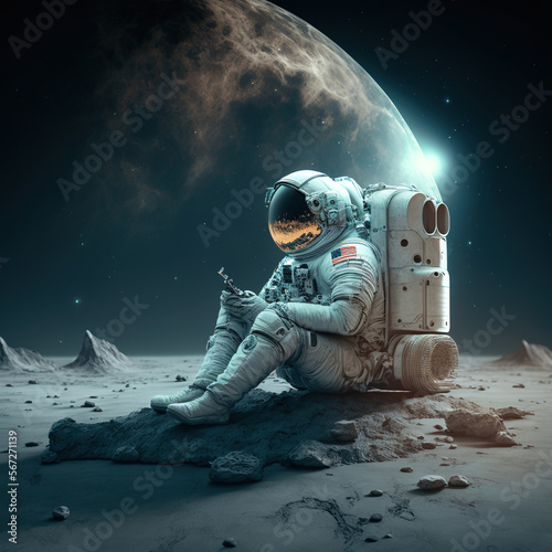 The Man on the Moon. Space Expedition. Rocket flight into space. Generative AI. © Dawid