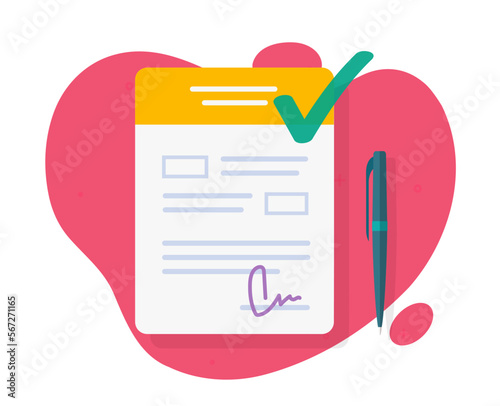 Agreement contract treaty signature icon vector with review checkmark, legal document statement signing flat cartoon illustration graphic, statement terms policy, lease commitment sign, settlement act