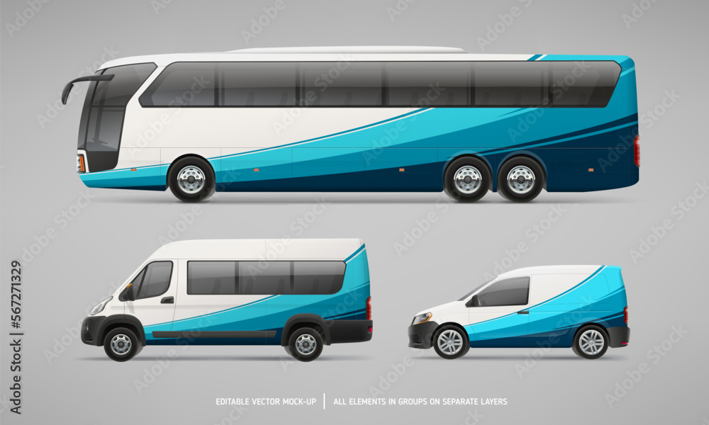 Realistic vector Travel Coach Bus, Company Van and Delivery Car Mockup set. Abstract graphic consept for Brand identity and Advertising on Passenger Van. Side view Bus editable branding mockups
