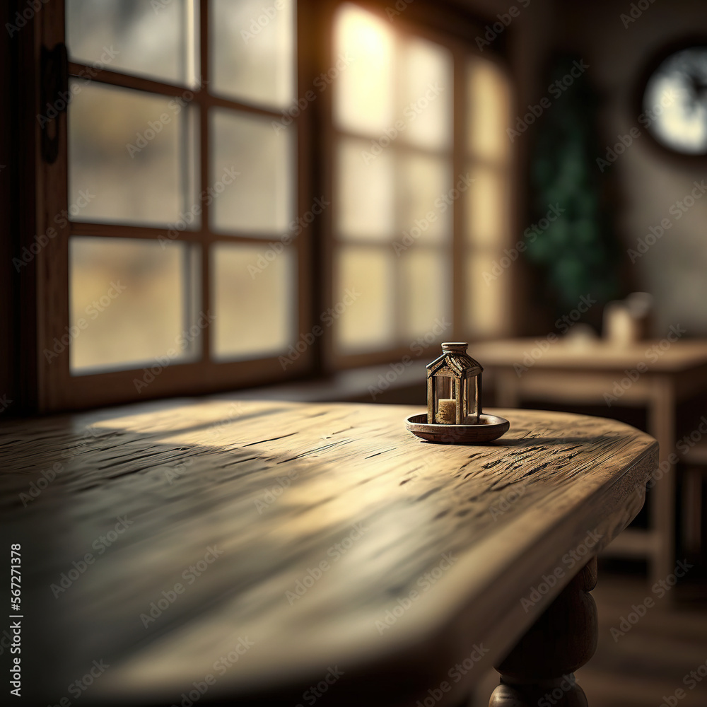 Obraz premium window and kitchen table, view from inside, blurred background, idyll, generative AI