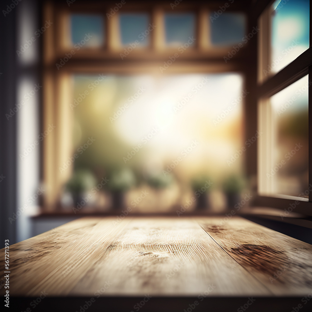 window and kitchen table, view from inside, blurred background, idyll, generative AI - obrazy, fototapety, plakaty 