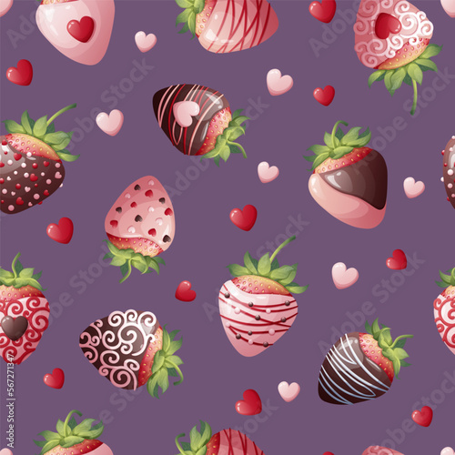 Fototapeta Naklejka Na Ścianę i Meble -  Seamless texture with chocolate covered strawberries on a white background. Romance, valentines day, sweet gift. Suitable for wrapping paper, textile, wallpaper.