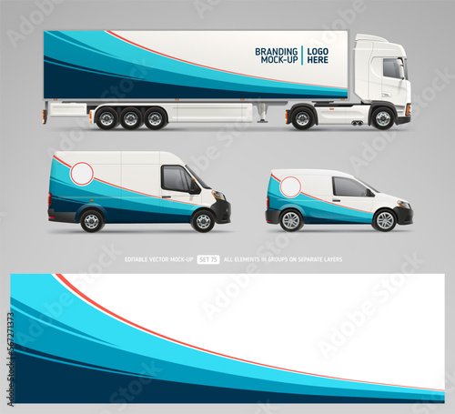 Vector Truck Trailer, Cargo Van, Company Car with concept brand identity decal - realistic mock-up set. Abstract blue geometric graphics for company branding on Delivery Truck. Editable Van Mockup