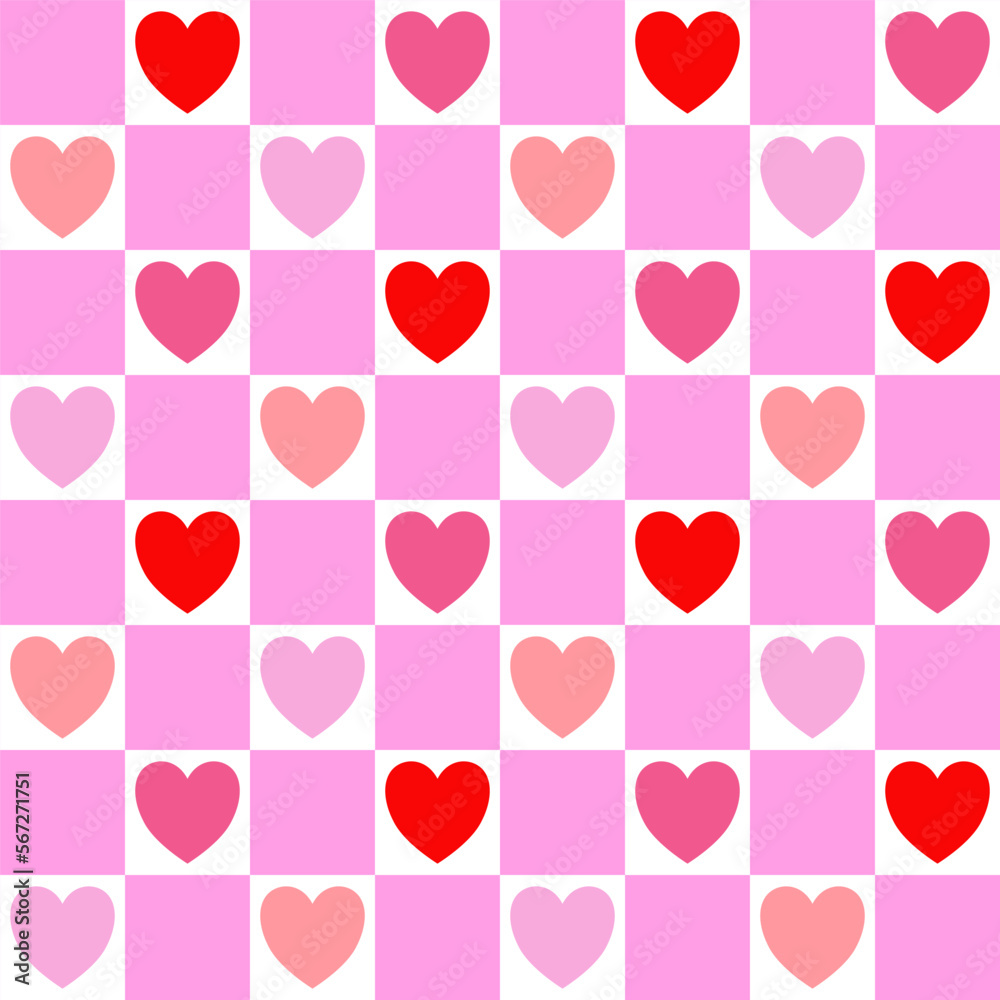 Red, orange, pink heart pattern on pink and white checkered background.