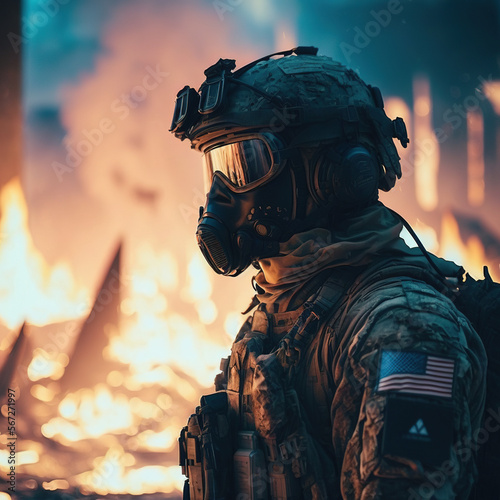 figure of a soldier against a background of flames. Generative AI