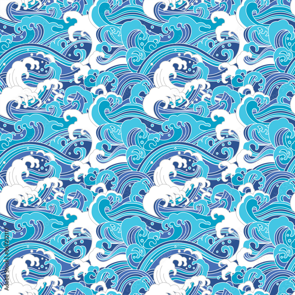 Japanese Storm Ocean Wave Vector Seamless Pattern