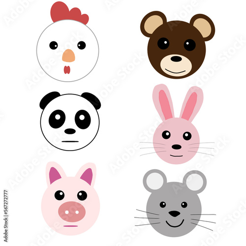  Cartoon avatar from the collection of cute wild and domestic animals portrait of children's characters on a white background. Template icon. Logo, sticker.