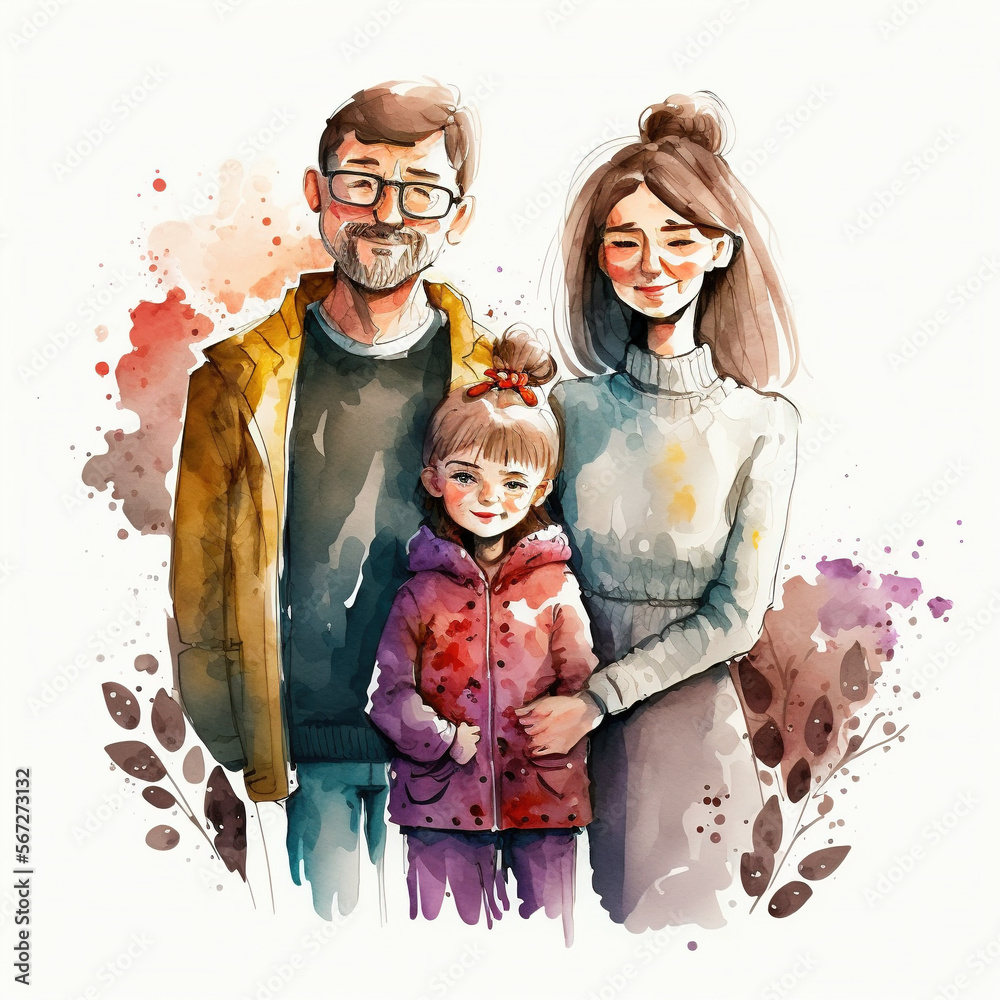 happy family watercolor paints, generative AI - obrazy, fototapety, plakaty 
