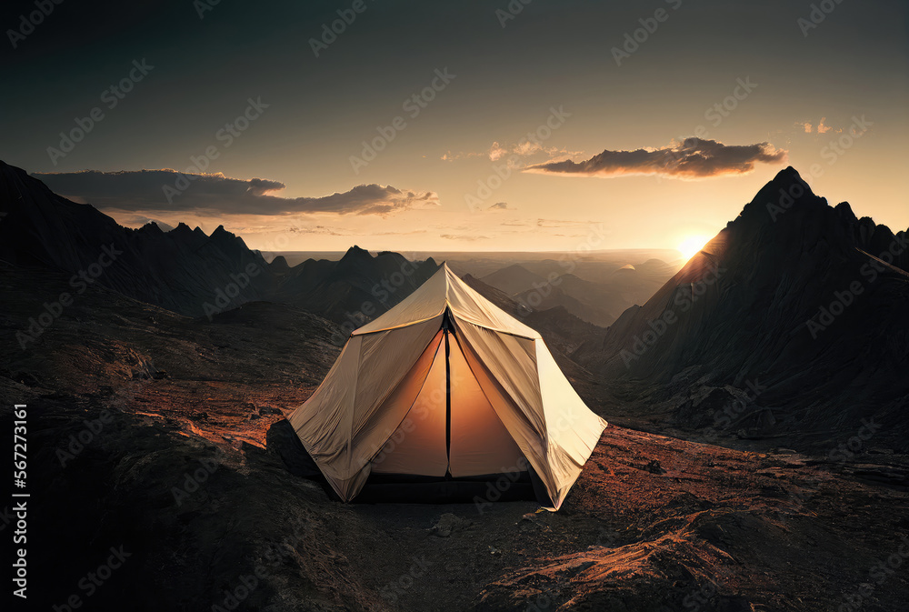 Lonely tent in deserted mountains at sunset, travel background. Generative AI