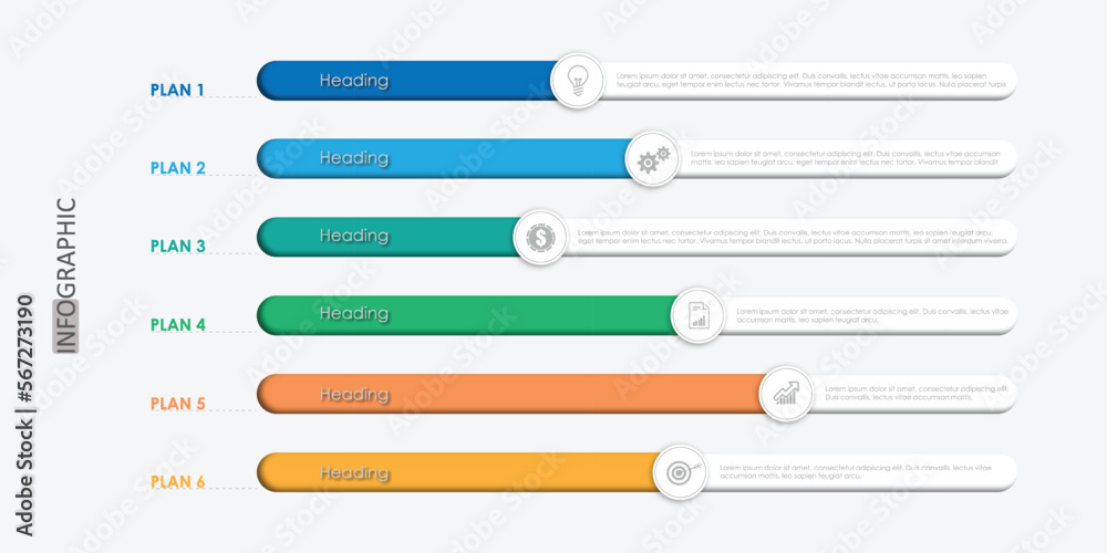 Vector infographic arrow template with 6 steps. Can be used for web design, timeline, diagram, chart, graph, business presentation.	
