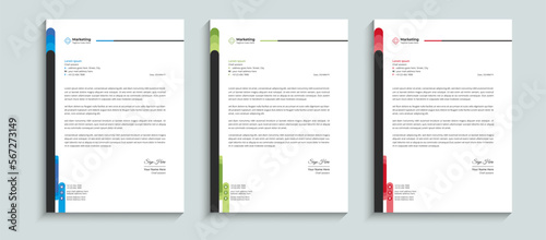 Minimal corporate official business letterhead template design. Professional company brand stationary identity and cover layout template with red, blue, and green colors.