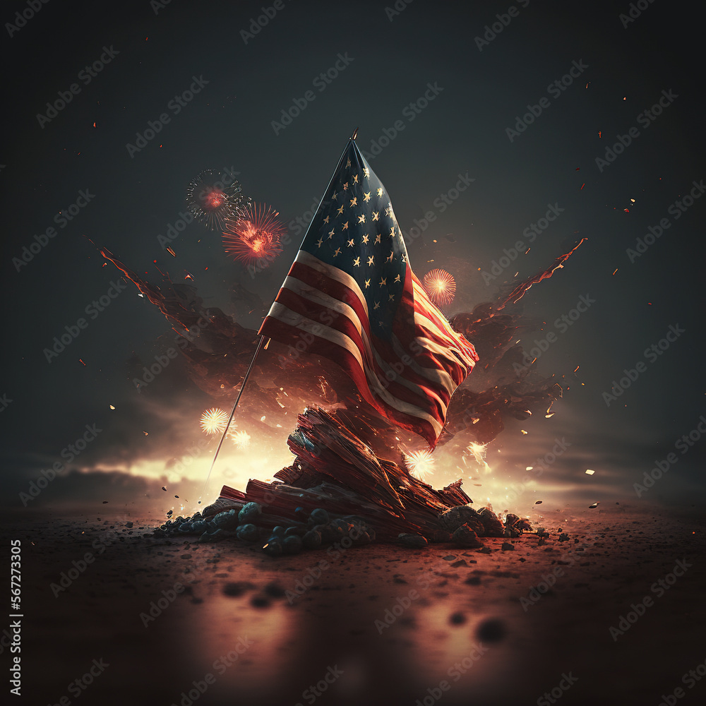 American flag against a background of explosions or fireworks, victory. Generative AI  - obrazy, fototapety, plakaty 