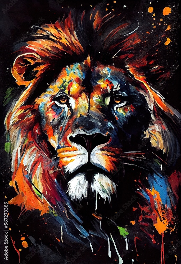 Majestic lion, colorful portrait, oil painting. Generative art