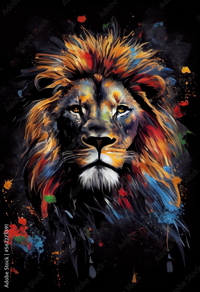 Majestic lion, colorful portrait, oil painting. Generative art