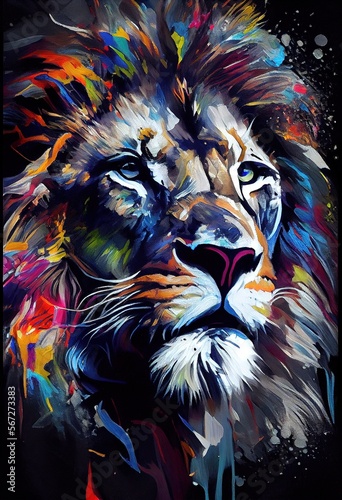 Majestic lion, colorful portrait, oil painting. Generative art