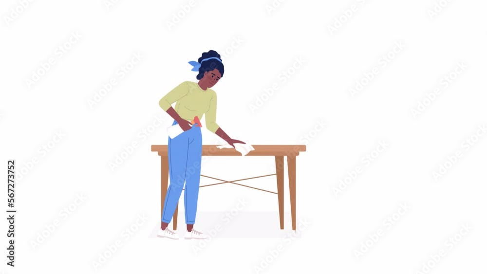Animated woman wiping down surface. Cleaning task. Full body flat ...