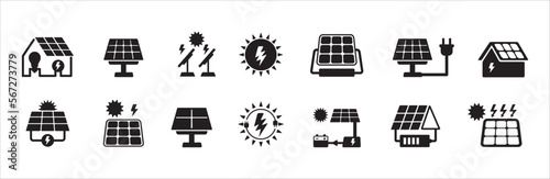 Electricity icon set. Solar panel electric generation icons. Green renewable electric power source vector icon. House solar panel roof. Vector stock illustration.