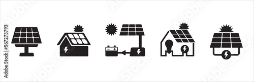 Electricity icon set. Solar panel electric generation icons. Green renewable electric power source vector icon. House solar panel roof. Vector stock illustration.
